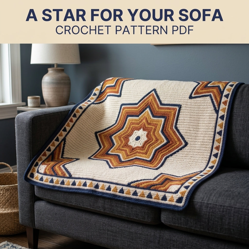 Star Tapestry Crochet Blanket Pattern PDF – Nested Eight-Point Star Throw in Navy, Rust and Mustard