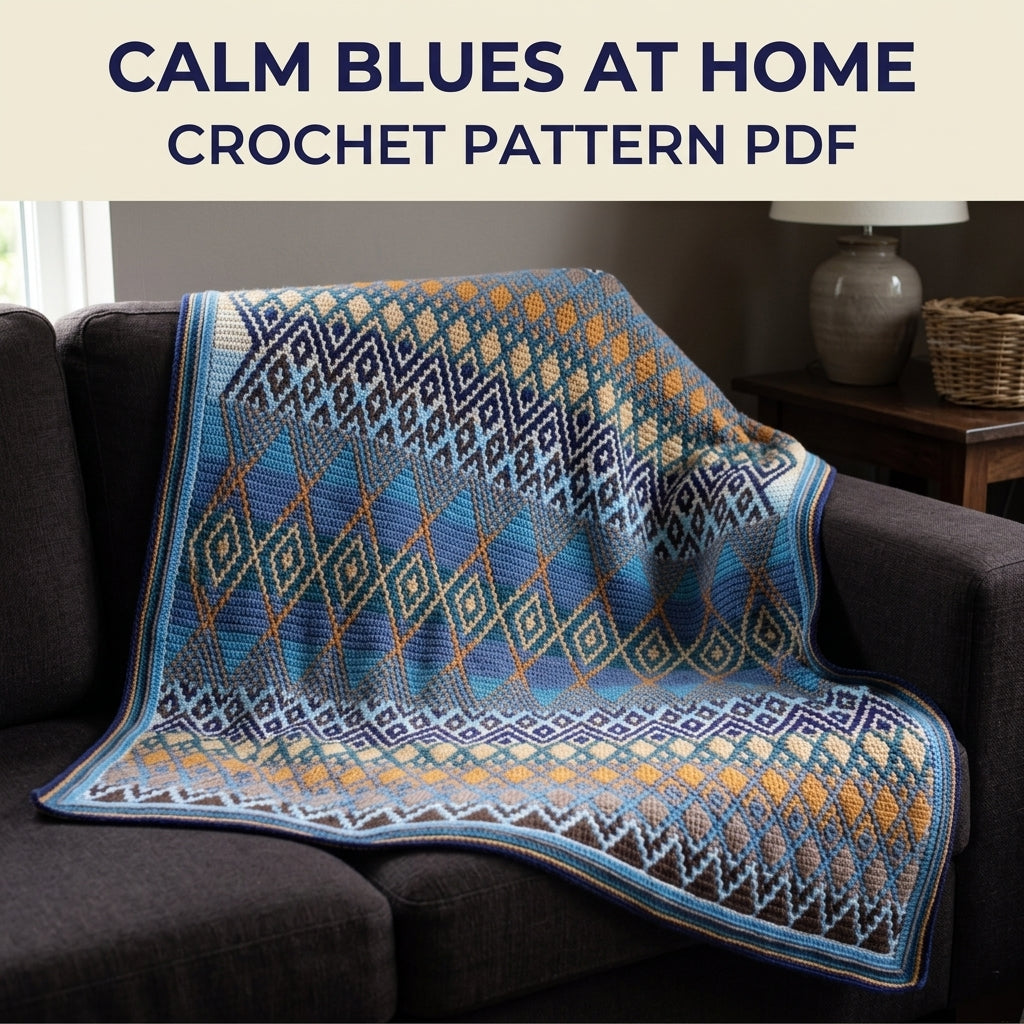 Blue Diamond Mosaic Crochet Blanket Pattern PDF – Geometric Throw in Blue and Mustard