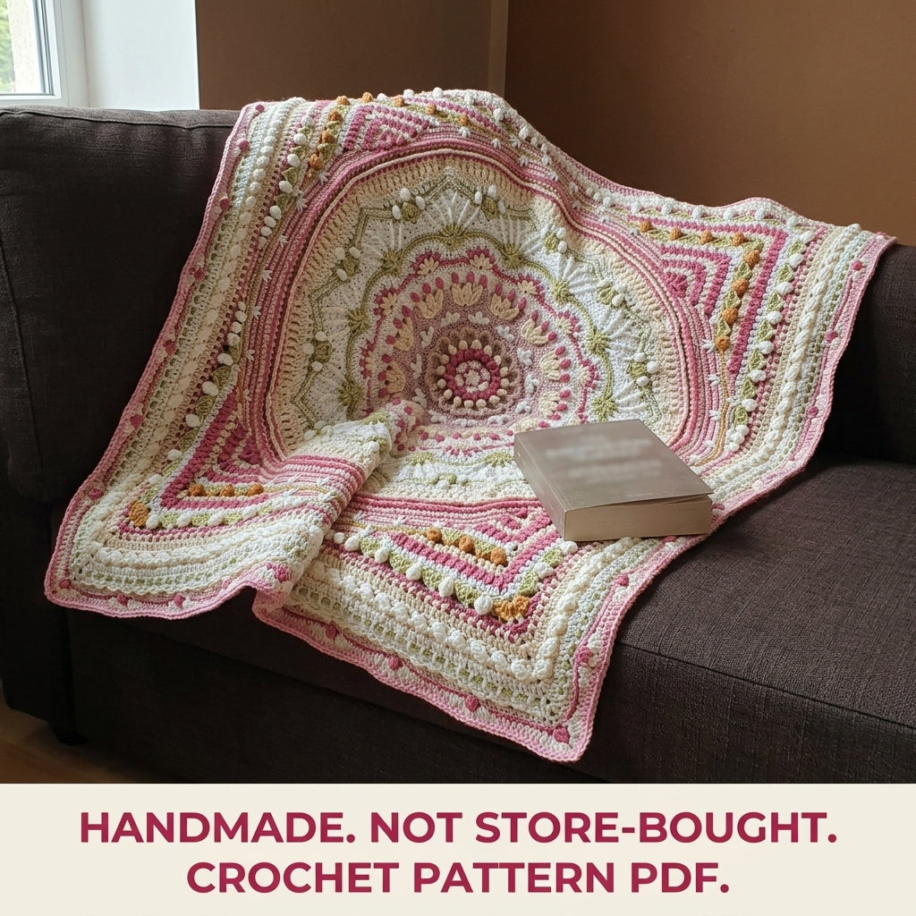 Rose and Sage Mandala Blanket Crochet Pattern PDF – Textured Cottage Mandala Throw