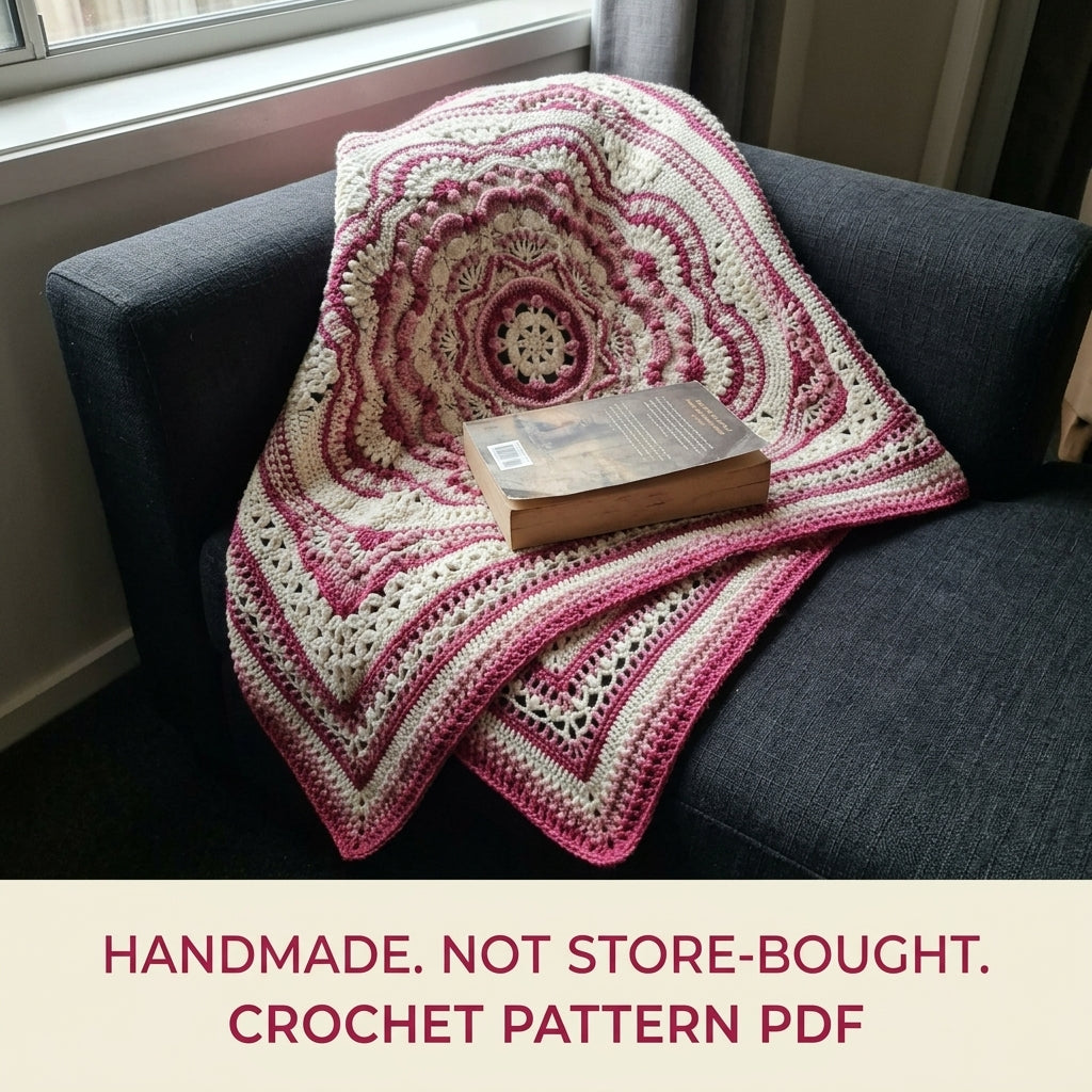 Raspberry Cream Mandala Blanket Crochet Pattern PDF – Textured Two-Tone Mandala Throw