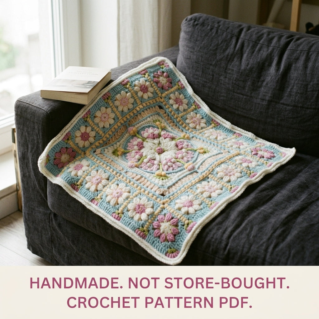 Daisy Ring Medallion Blanket Crochet Pattern PDF – Puff Flower and Daisy Square Throw