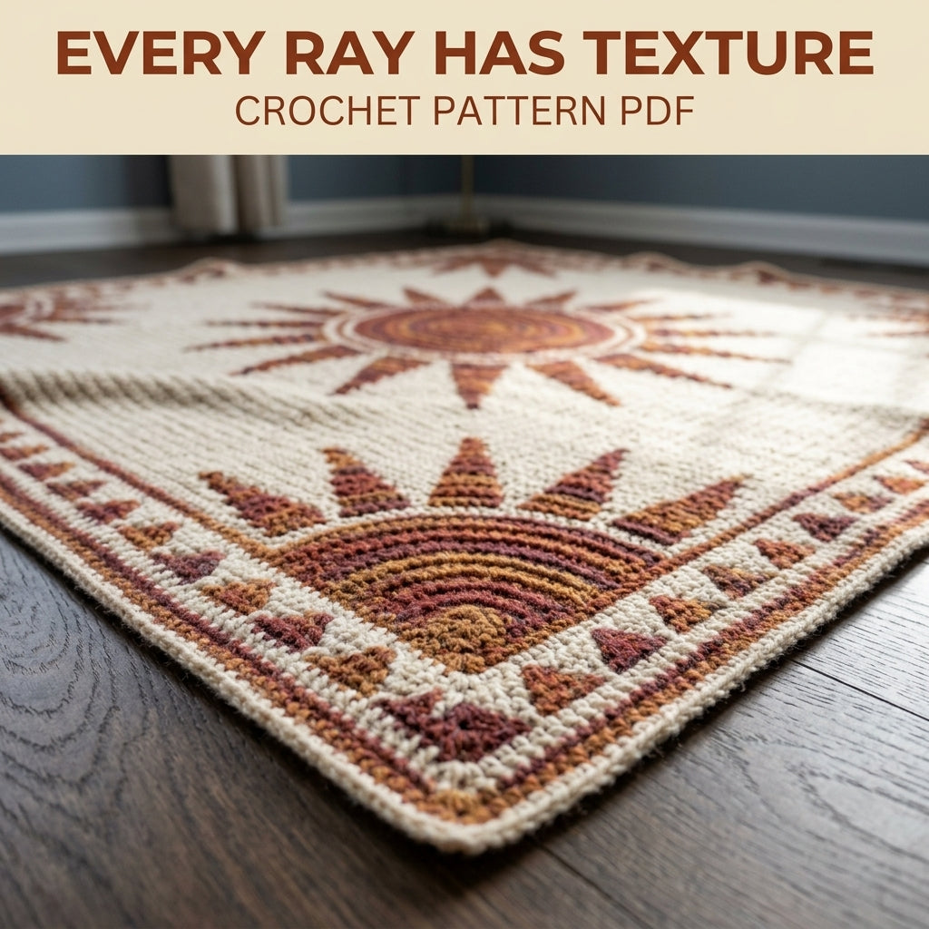 Sunburst Mosaic Crochet Blanket Pattern PDF – Sun Throw in Rust, Mustard and Plum with Triangle Border