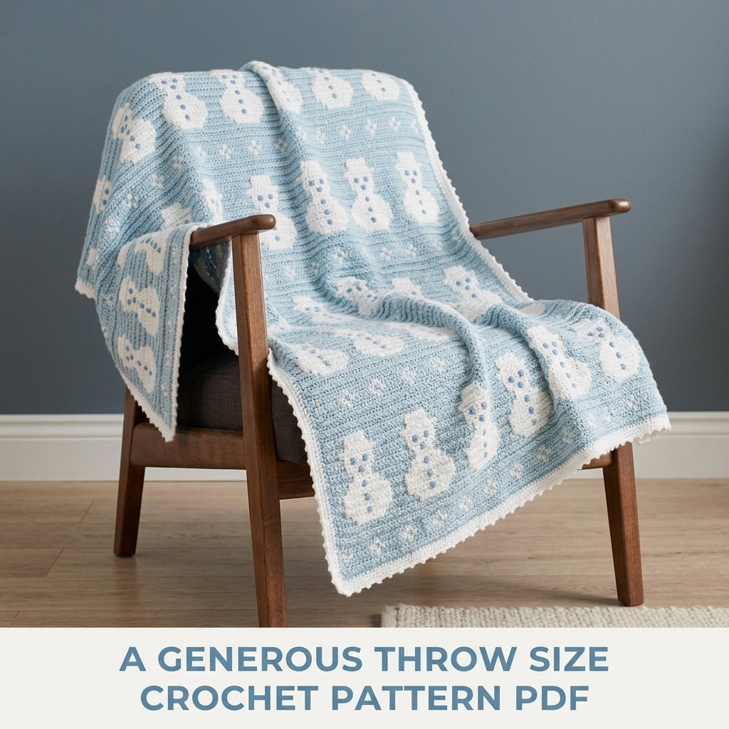 Snowman Crochet Blanket Pattern PDF – Winter Tapestry Crochet Throw in Ice Blue and White