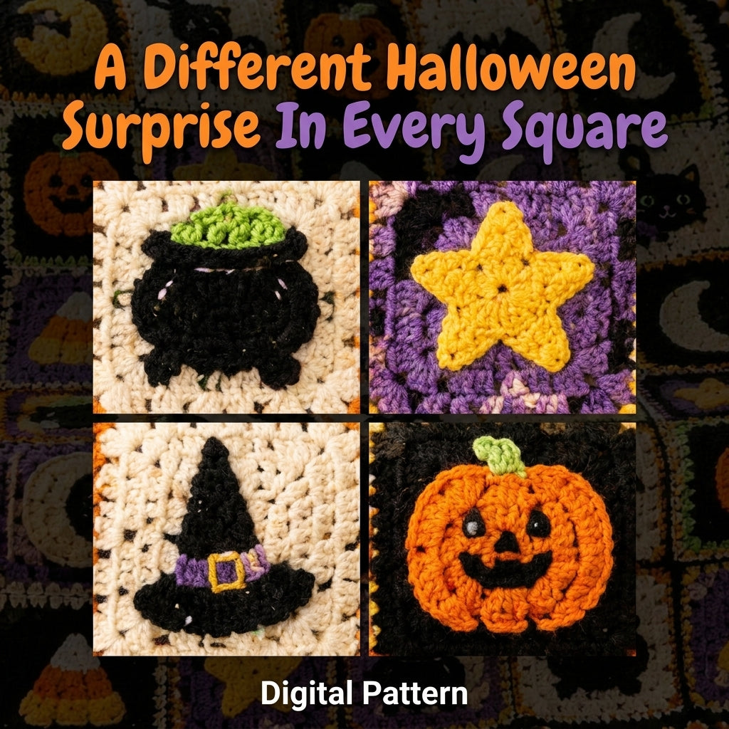 Halloween Sampler Granny Square Blanket Crochet Pattern | 8 Motif Squares in One PDF | Pumpkin, Bat, Black Cat, Candy Corn & More | Instant Download
