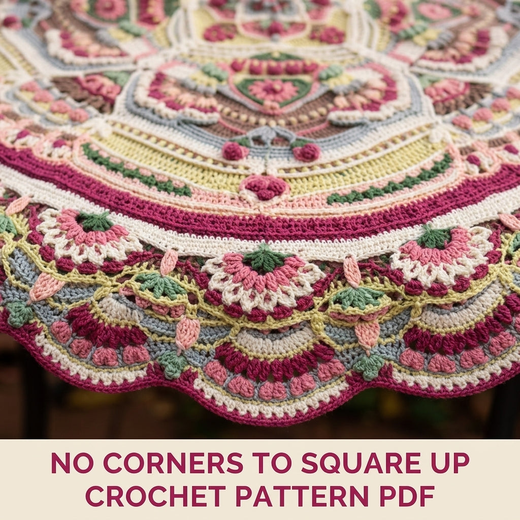 Rose Garden Round Blanket Pattern PDF – Rose Garden Mandala with Scalloped Fan Border
