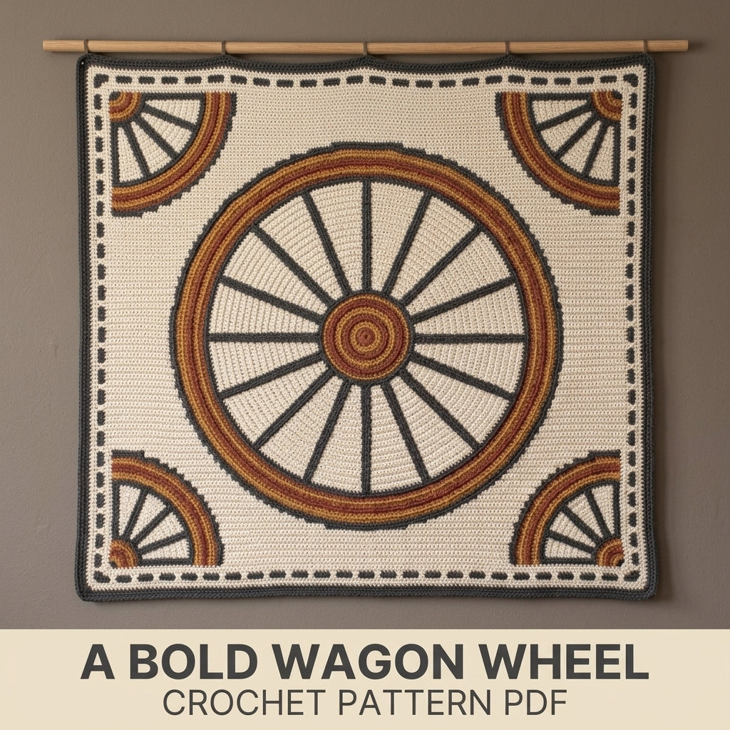 Wagon Wheel Tapestry Crochet Blanket Pattern PDF – Rustic Throw in Charcoal, Rust and Mustard