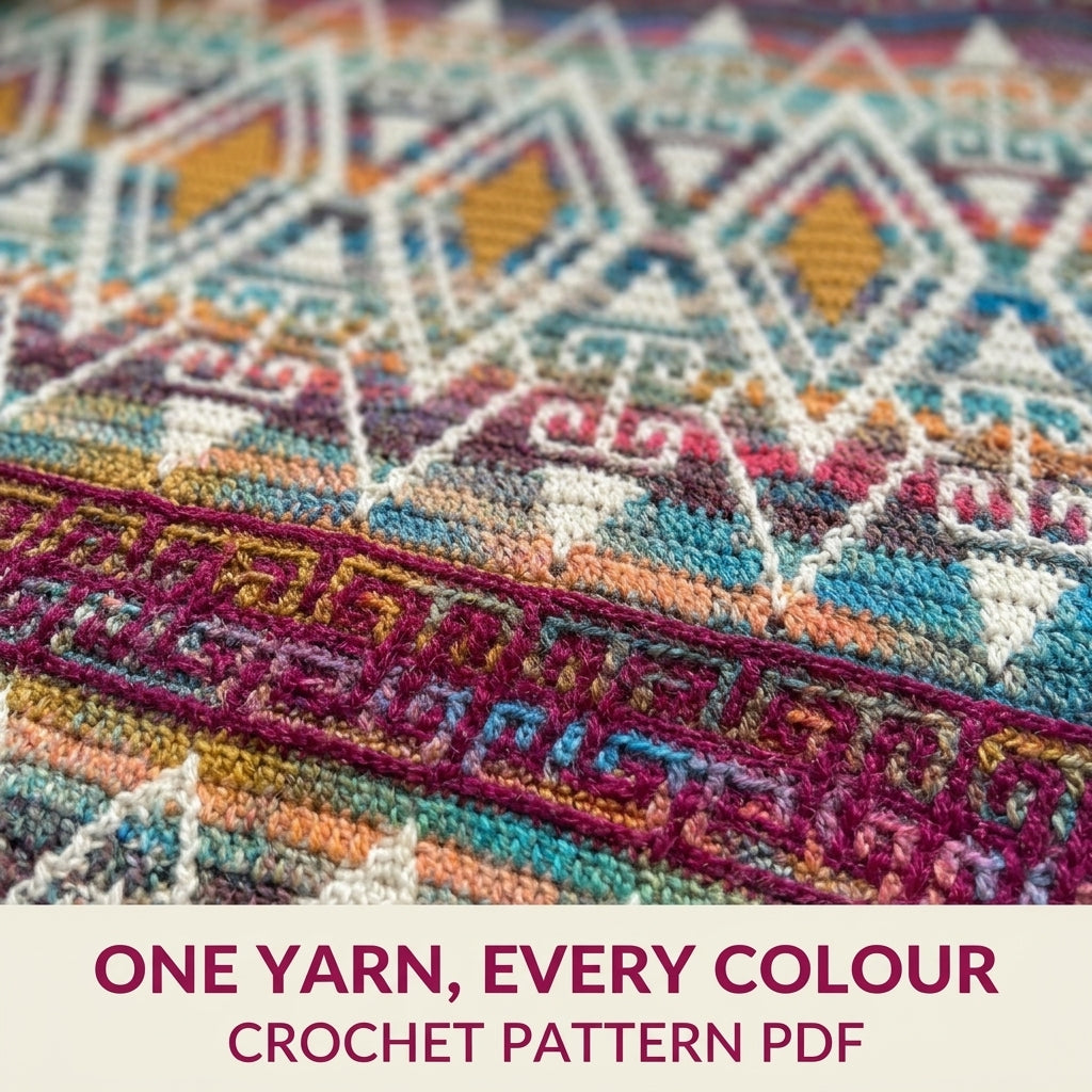 Variegated Mosaic Crochet Blanket Pattern PDF – Rainbow Band Throw with Greek Key