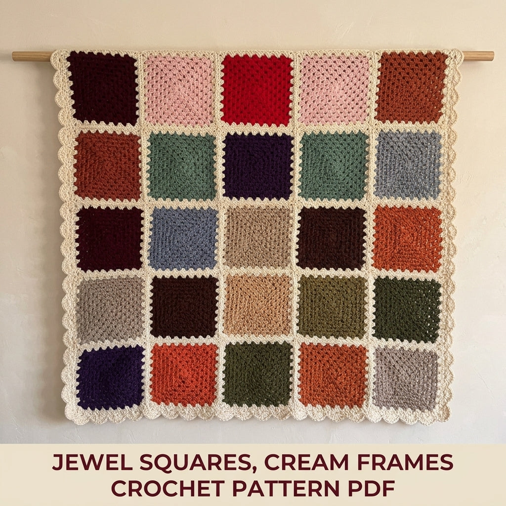 Cream Frame Granny Square Blanket Crochet Pattern PDF – Solid Square Throw with Scalloped Border