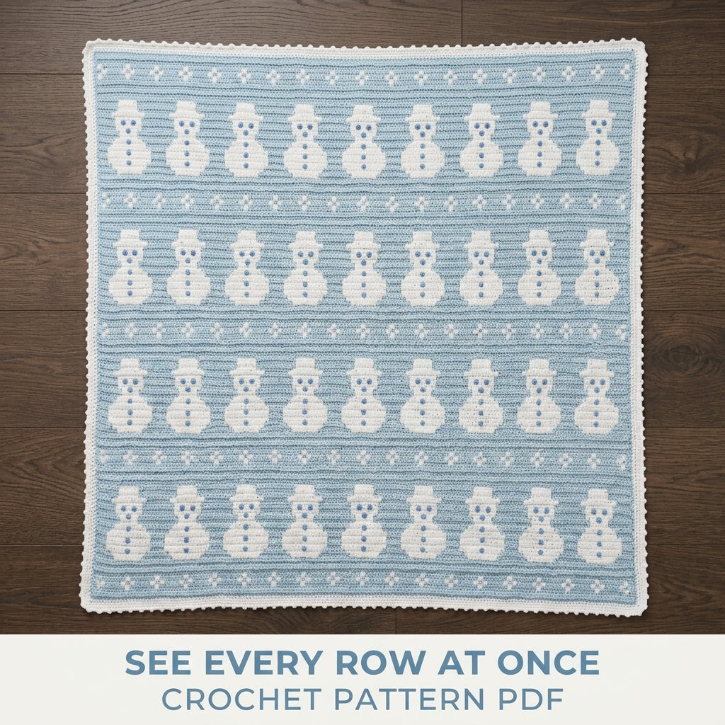 Snowman Crochet Blanket Pattern PDF – Winter Tapestry Crochet Throw in Ice Blue and White