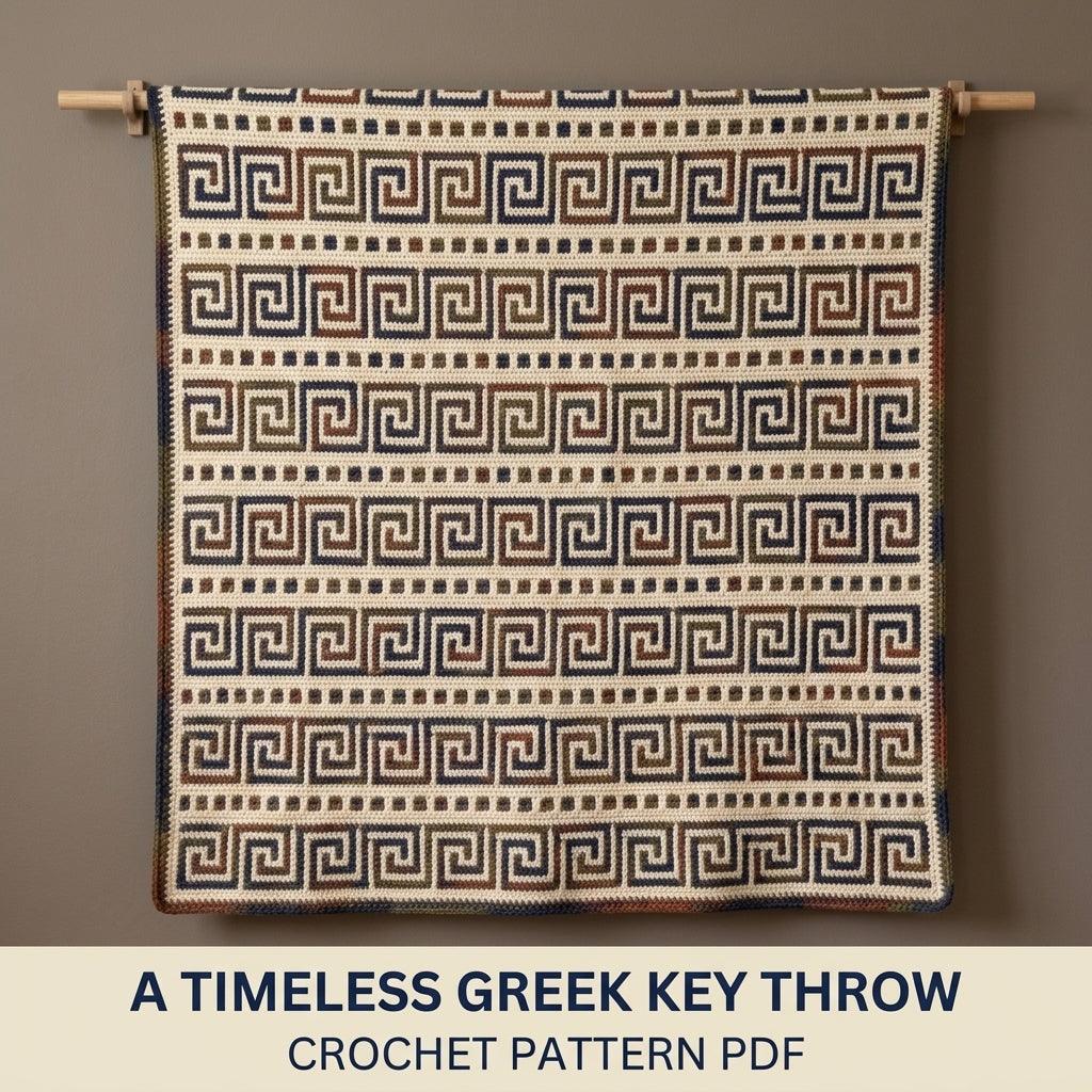 Greek Key Mosaic Crochet Blanket Pattern PDF – Classic Throw in Navy, Rust and Olive