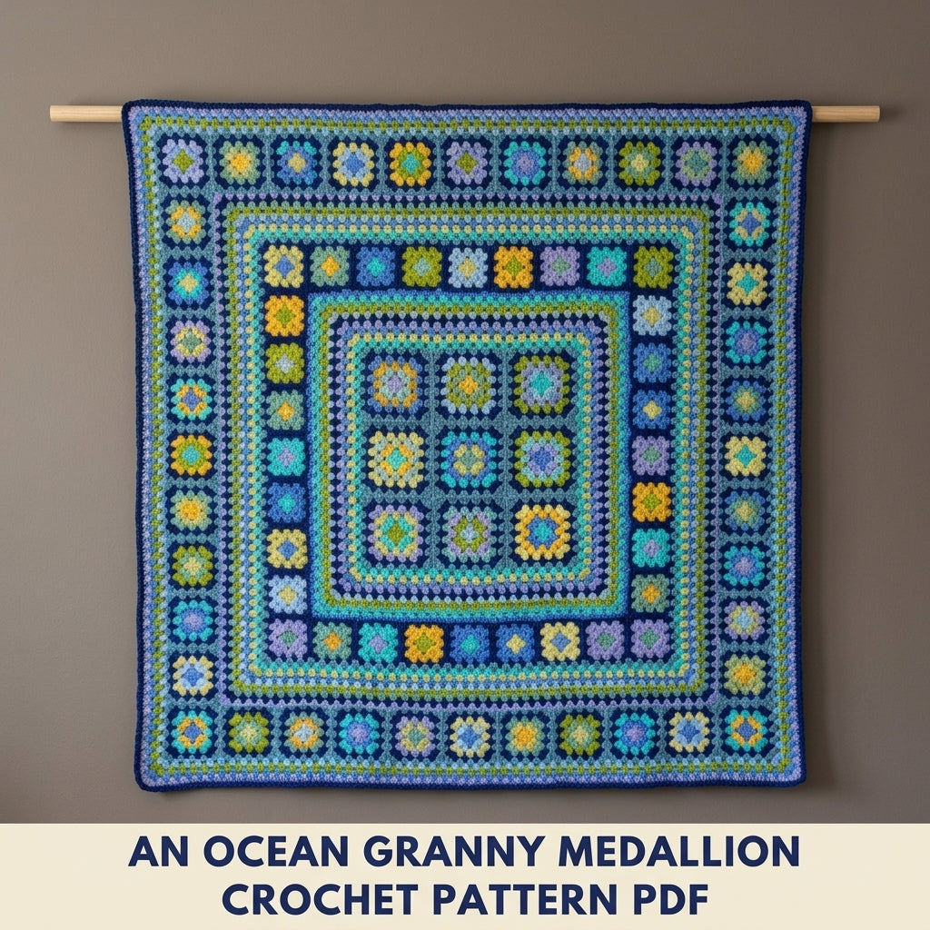 Ocean Granny Medallion Blanket Crochet Pattern PDF – Granny Square Throw in Blue and Green