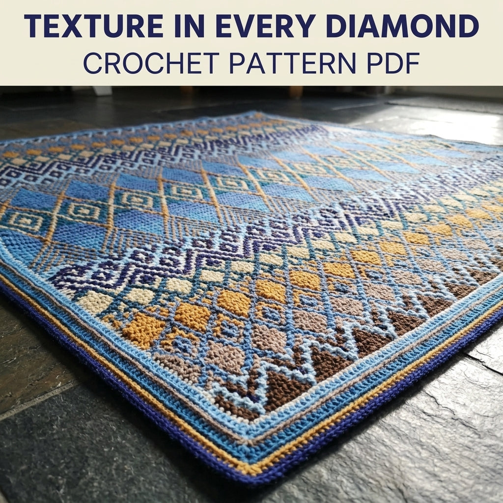 Blue Diamond Mosaic Crochet Blanket Pattern PDF – Geometric Throw in Blue and Mustard