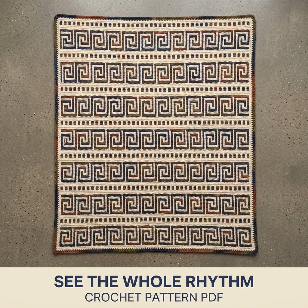Greek Key Mosaic Crochet Blanket Pattern PDF – Classic Throw in Navy, Rust and Olive