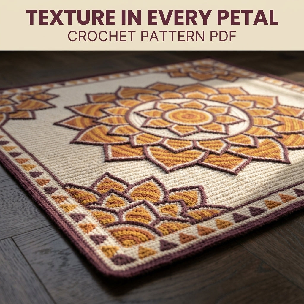 Lotus Mandala Tapestry Crochet Blanket Pattern PDF – Floral Throw in Mustard, Orange and Plum