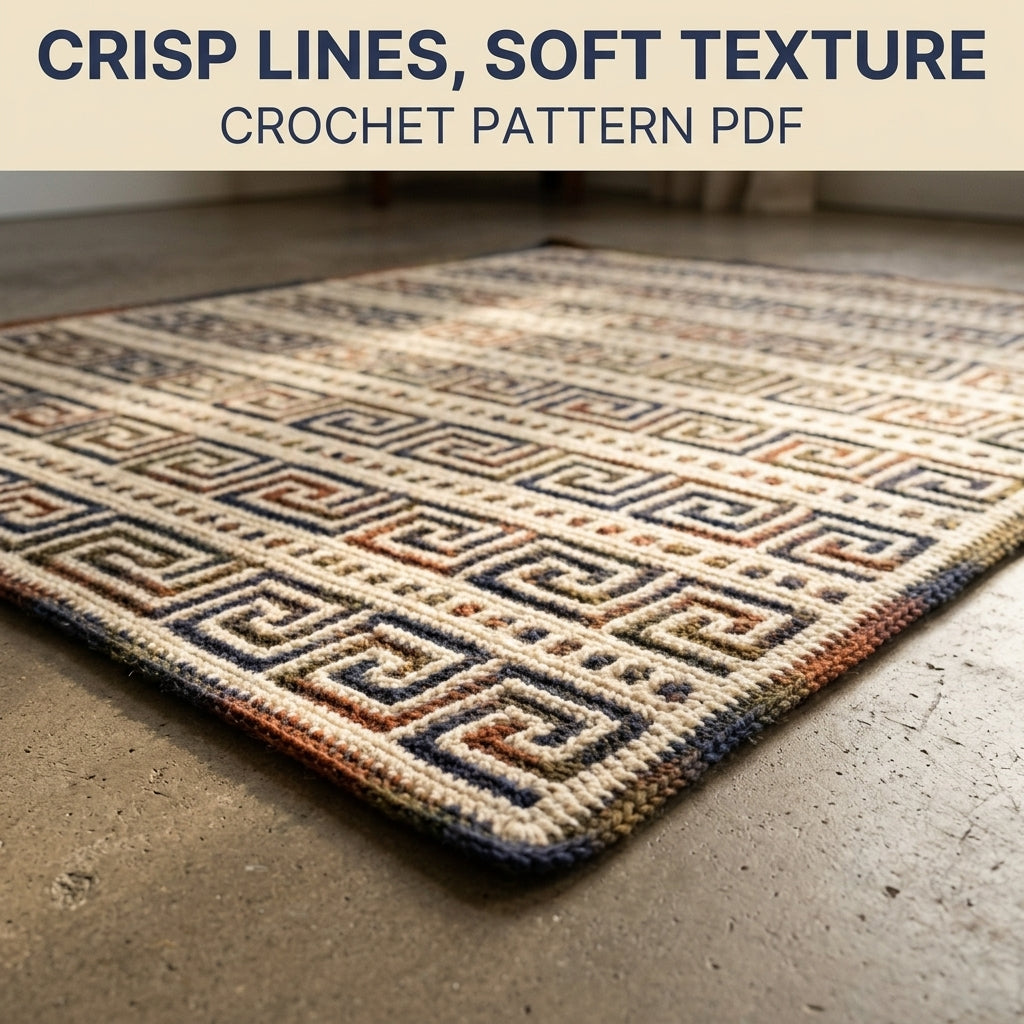 Greek Key Mosaic Crochet Blanket Pattern PDF – Classic Throw in Navy, Rust and Olive