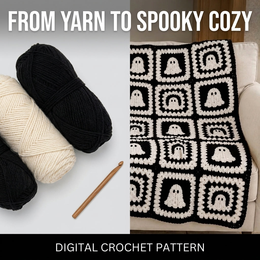 Ghost Granny Square Blanket Crochet Pattern | Black & White Halloween Throw | Beginner Granny Square Project | PDF Instant Download 2