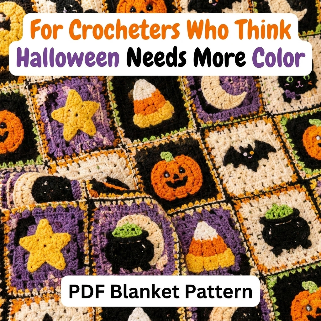 Halloween Sampler Granny Square Blanket Crochet Pattern | 8 Motif Squares in One PDF | Pumpkin, Bat, Black Cat, Candy Corn & More | Instant Download