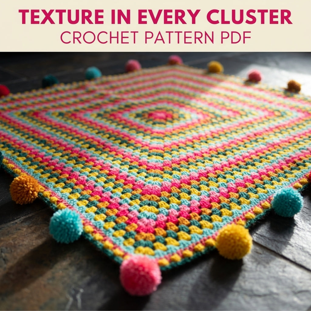 Pompom Giant Granny Square Blanket Crochet Pattern PDF – Bright Granny Throw with Pompoms