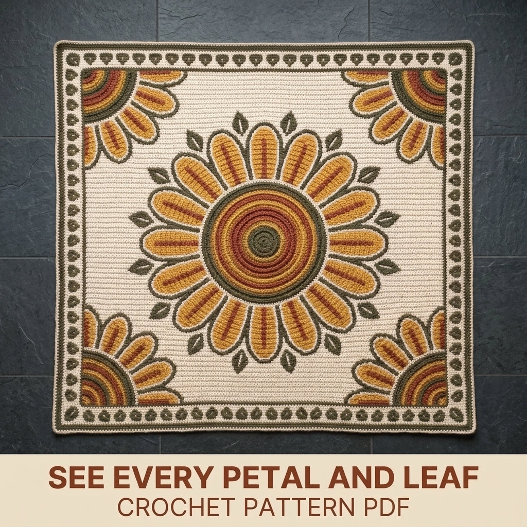 Sunflower Tapestry Crochet Blanket Pattern PDF – Floral Medallion Throw in Mustard, Rust and Olive