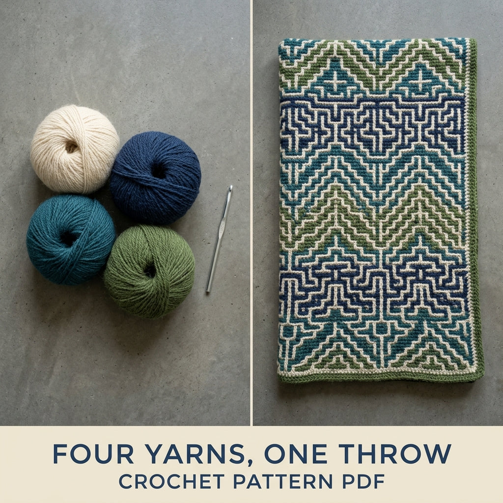Geometric Stripe Mosaic Crochet Blanket Pattern PDF – Navy, Teal and Green Throw with Diamonds and Zigzags