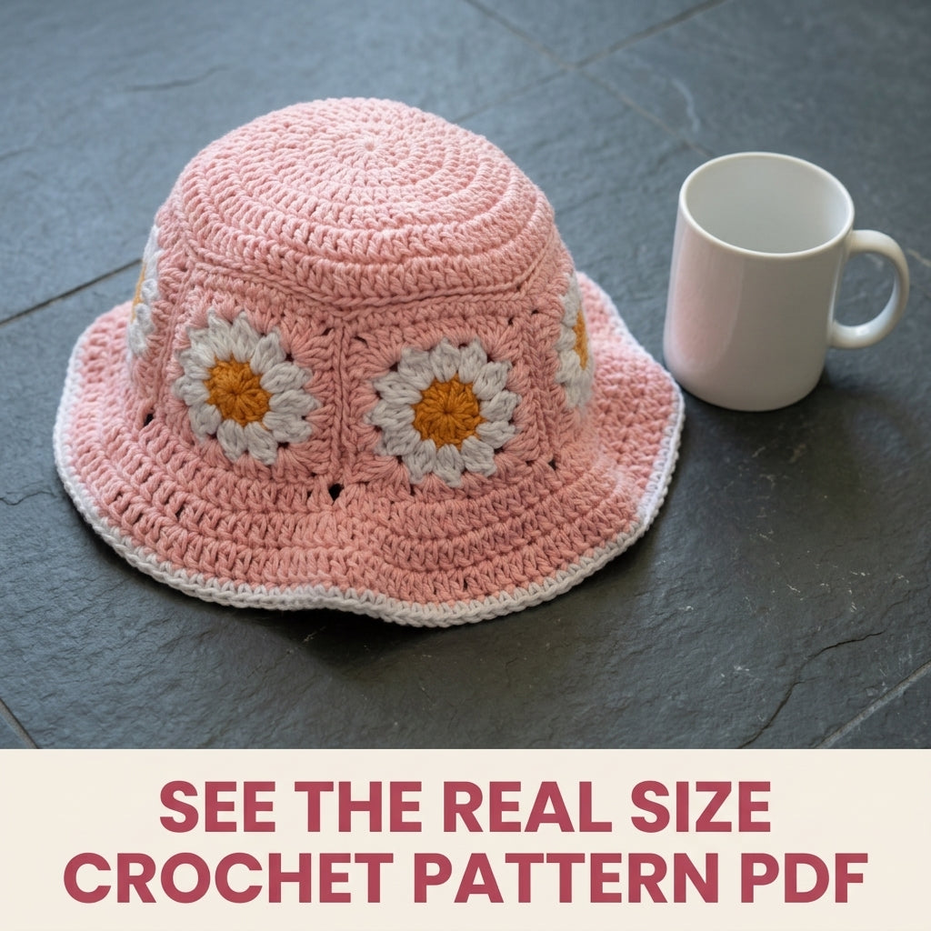 Pink Daisy Granny Bucket Hat Crochet Pattern PDF – Granny Square Sun Hat with Flowers