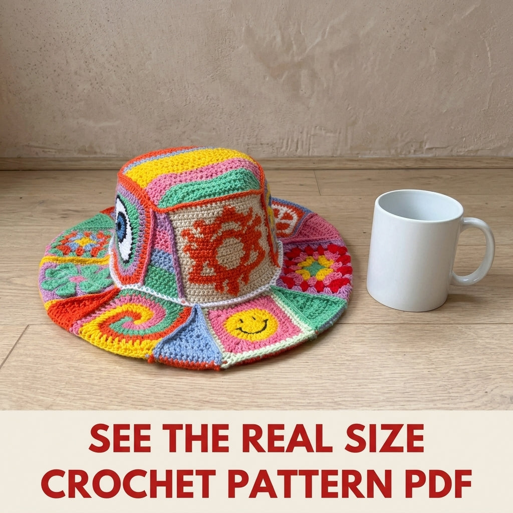 Patchwork Bucket Hat Crochet Pattern PDF – Motif Panels with Smiley and Evil Eye
