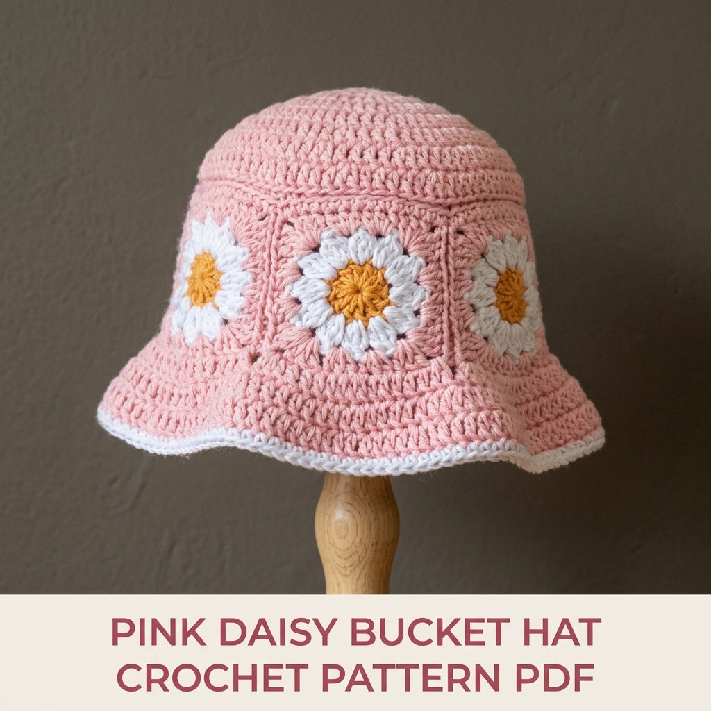 Pink Daisy Granny Bucket Hat Crochet Pattern PDF – Granny Square Sun Hat with Flowers