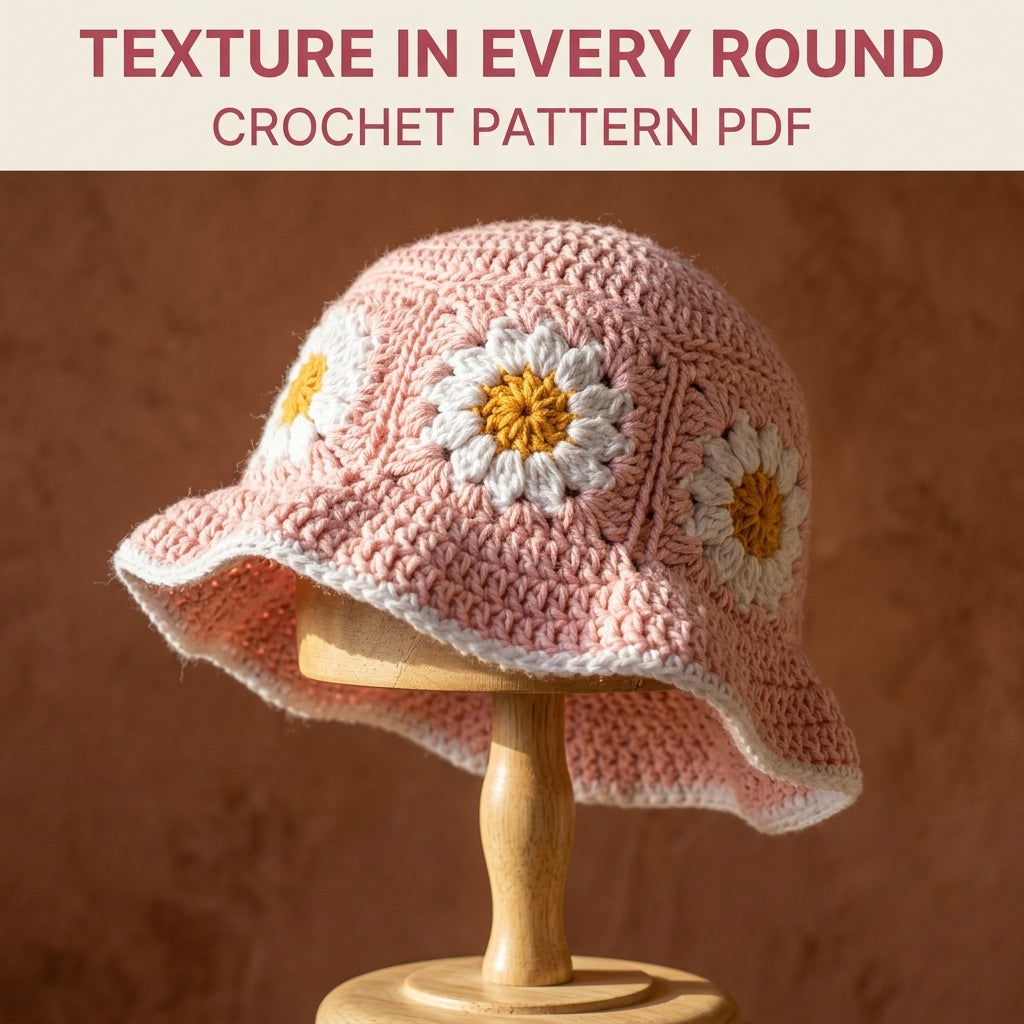 Pink Daisy Granny Bucket Hat Crochet Pattern PDF – Granny Square Sun Hat with Flowers