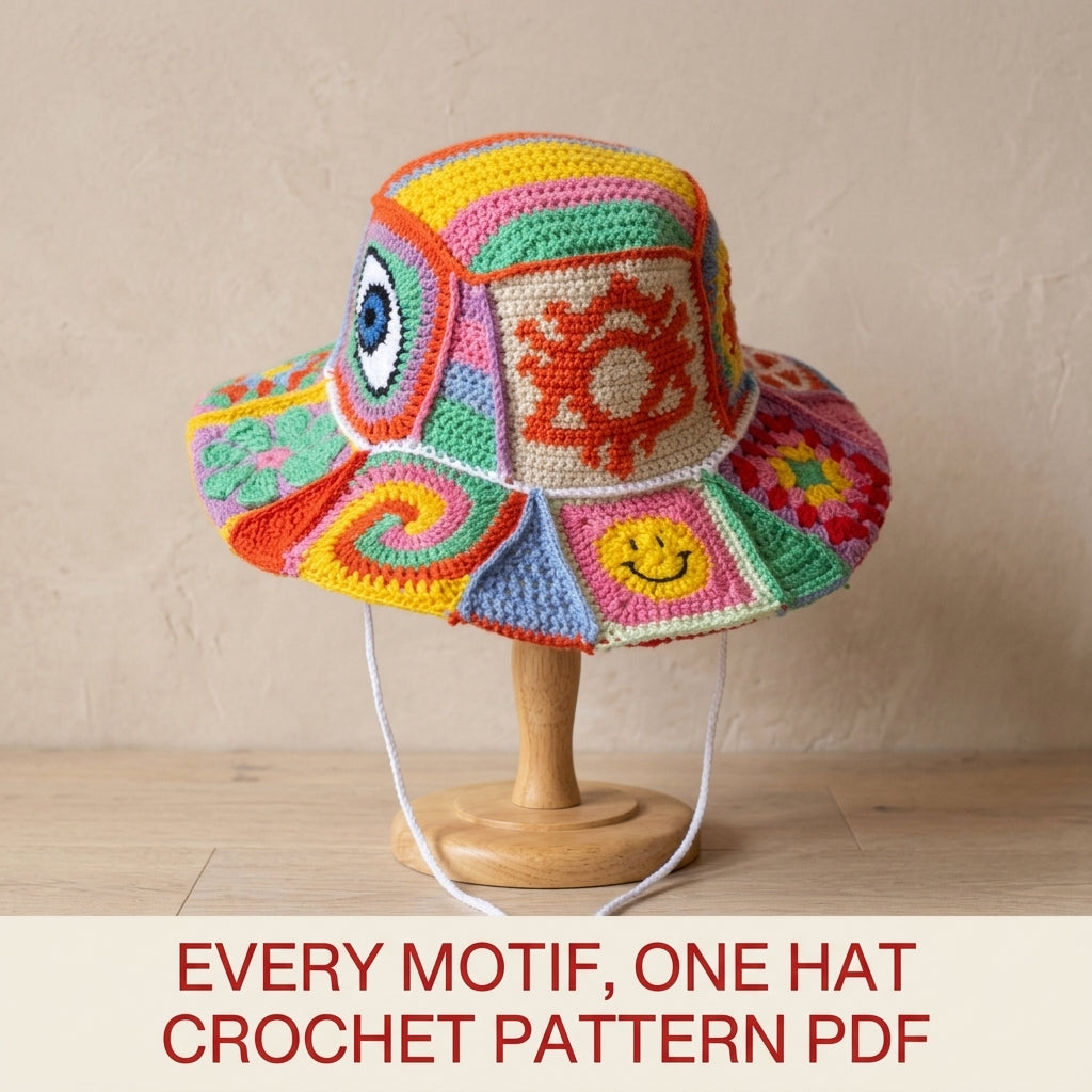 Patchwork Bucket Hat Crochet Pattern PDF – Motif Panels with Smiley and Evil Eye