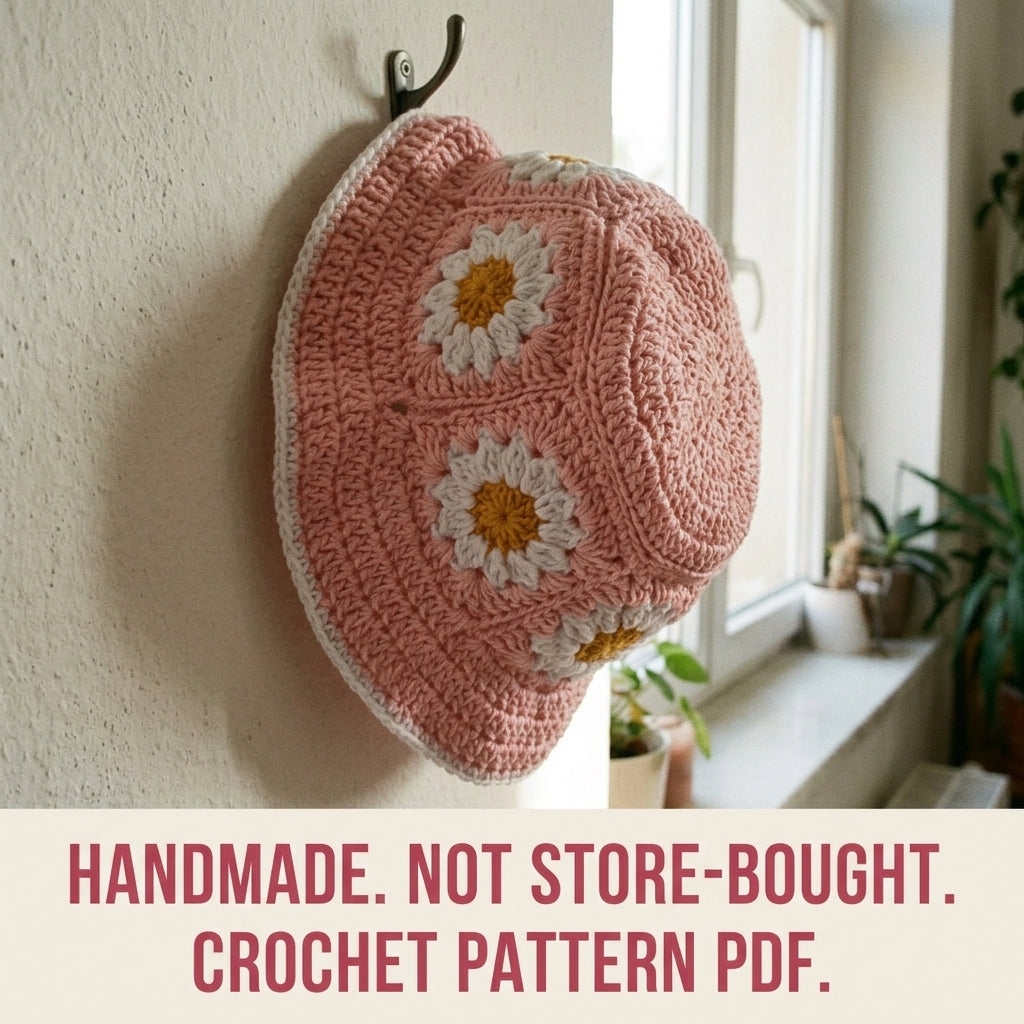 Pink Daisy Granny Bucket Hat Crochet Pattern PDF – Granny Square Sun Hat with Flowers
