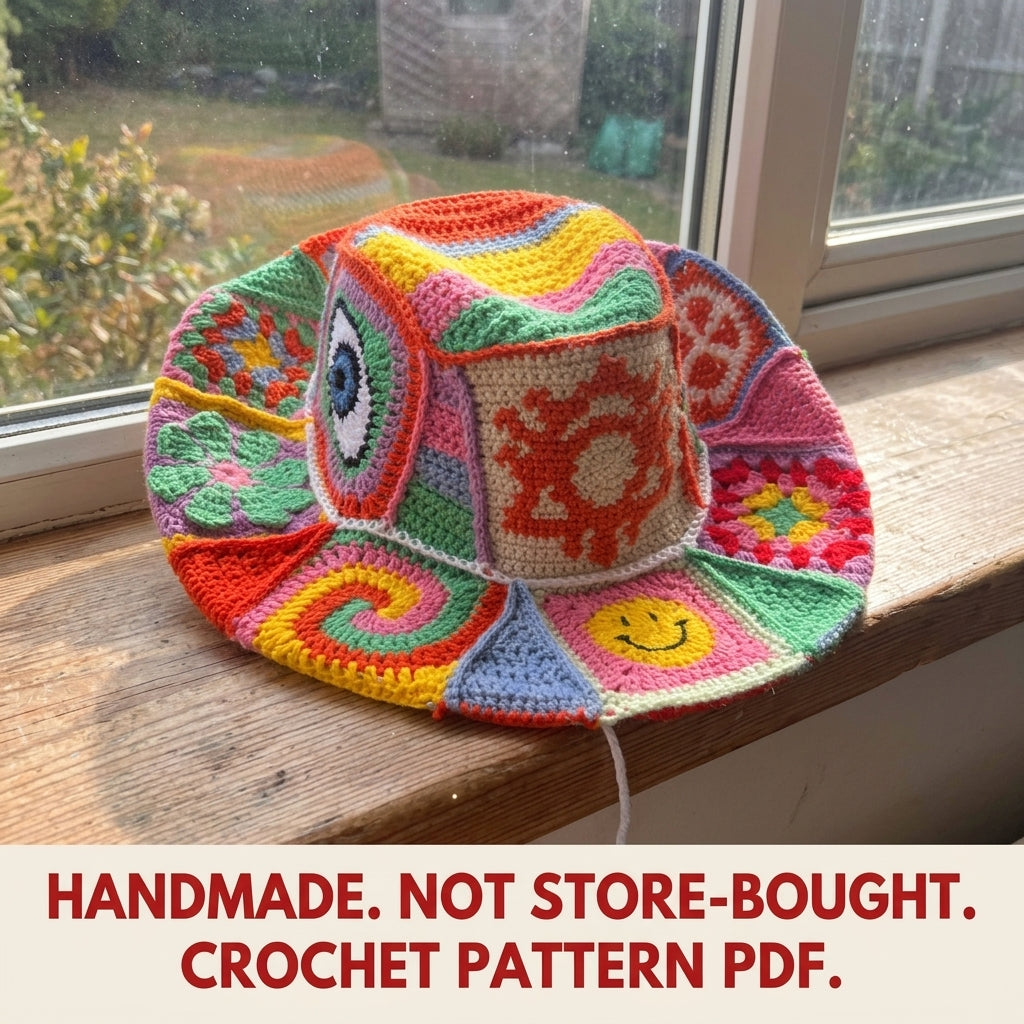Patchwork Bucket Hat Crochet Pattern PDF – Motif Panels with Smiley and Evil Eye