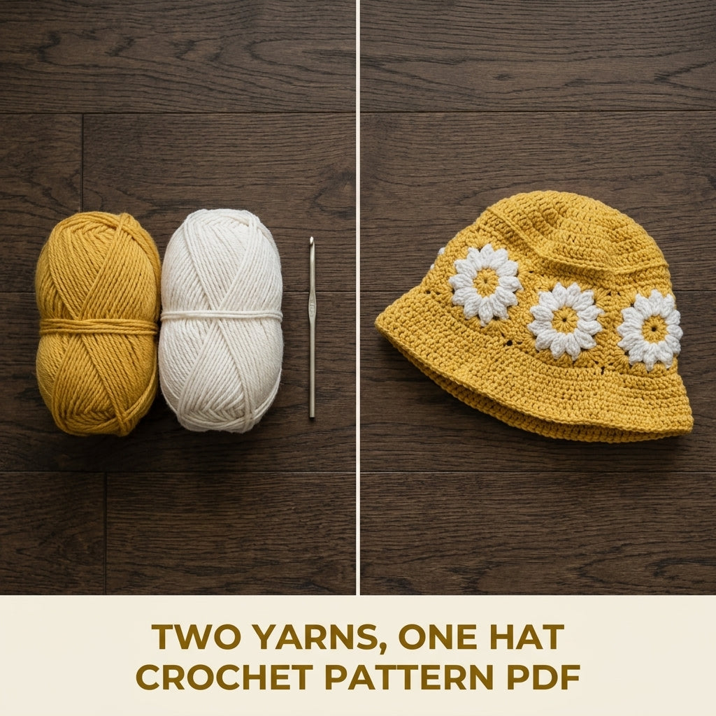 Mustard Daisy Granny Bucket Hat Crochet Pattern PDF – Granny Square Flower Sun Hat