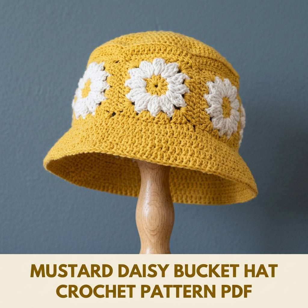 Mustard Daisy Granny Bucket Hat Crochet Pattern PDF – Granny Square Flower Sun Hat