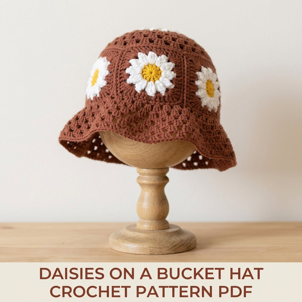 Daisy Granny Bucket Hat Crochet Pattern PDF – Granny Square Sun Hat with Flowers
