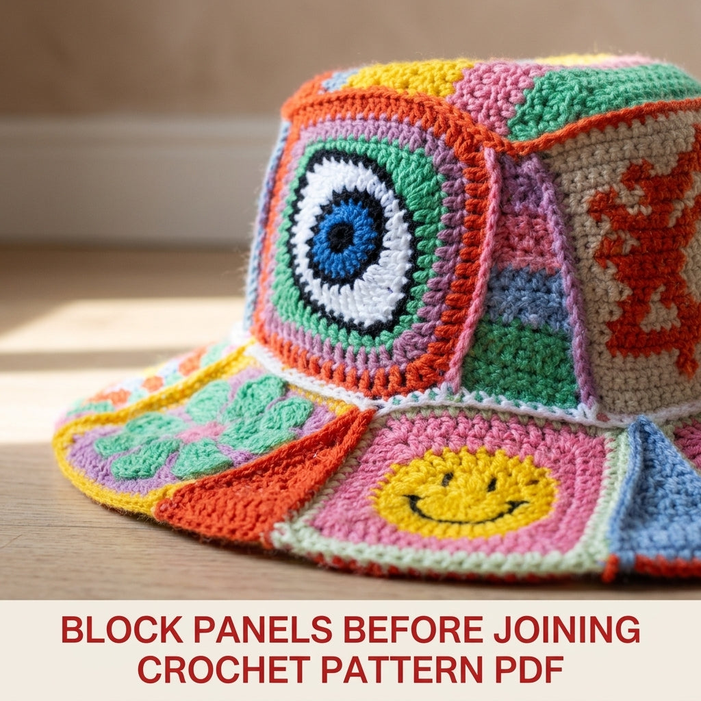 Patchwork Bucket Hat Crochet Pattern PDF – Motif Panels with Smiley and Evil Eye