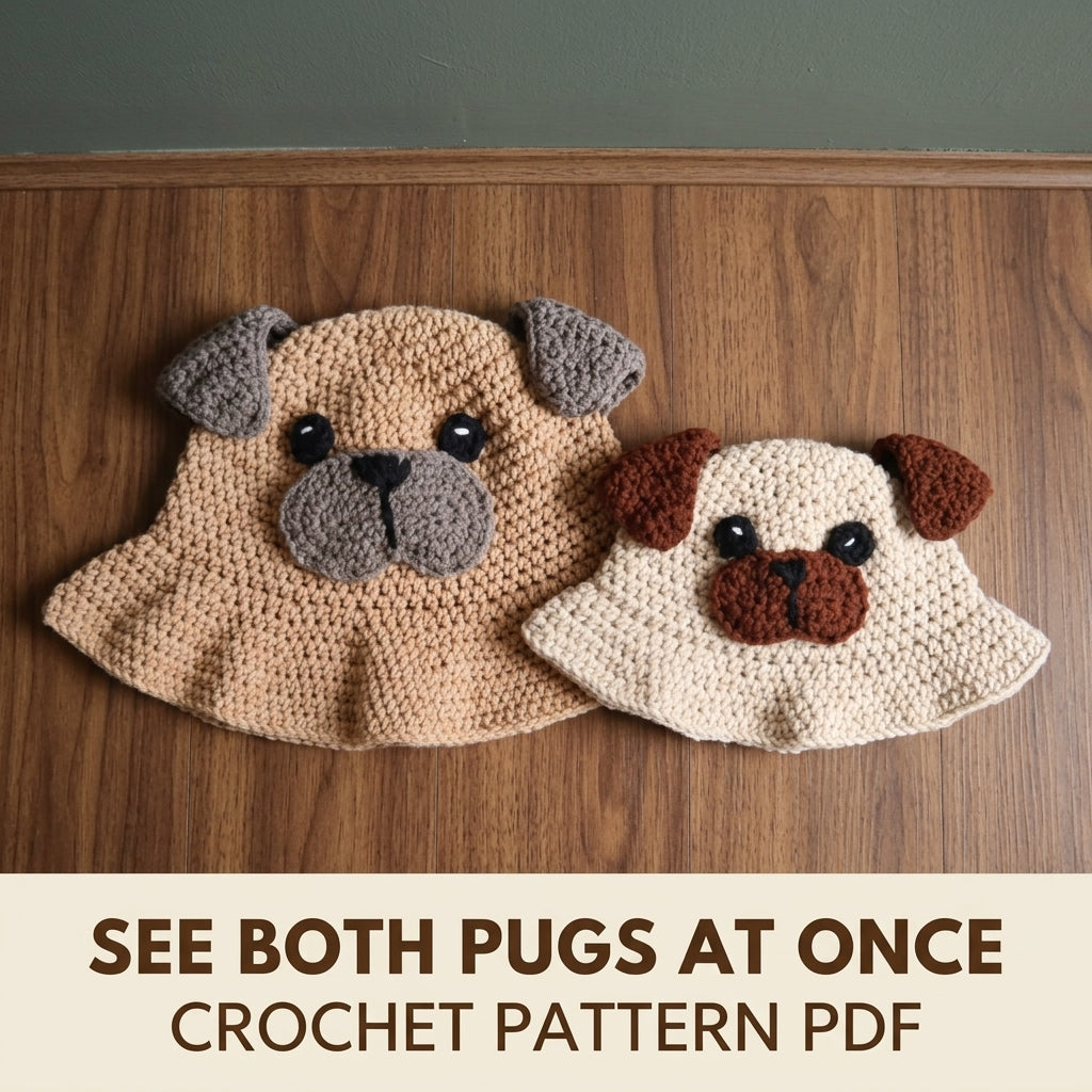 Pug Bucket Hat Crochet Pattern PDF – Matching Adult and Child Dog Face Hats