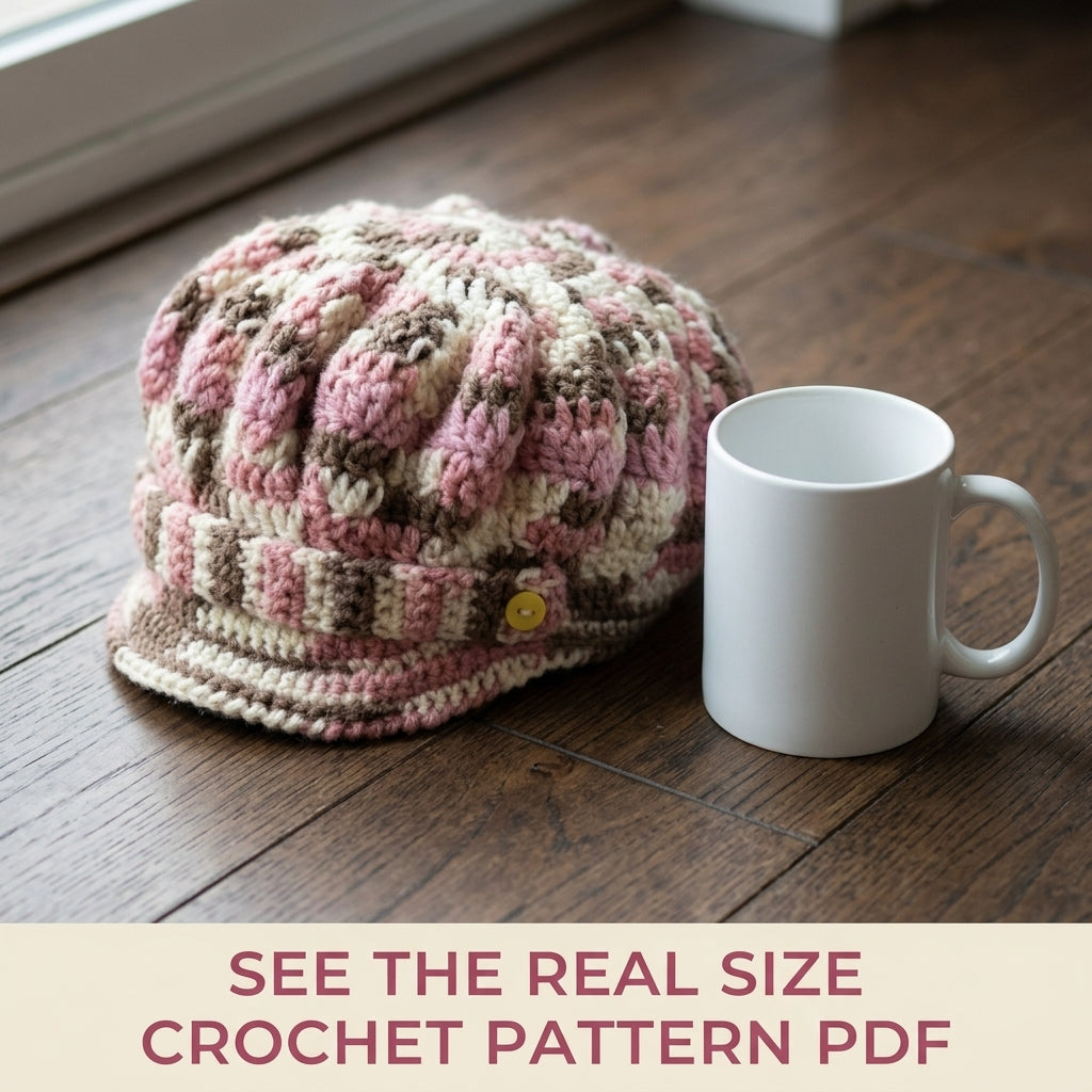 Newsboy Cap Crochet Pattern PDF – Slouchy Brimmed Hat with Button Tab