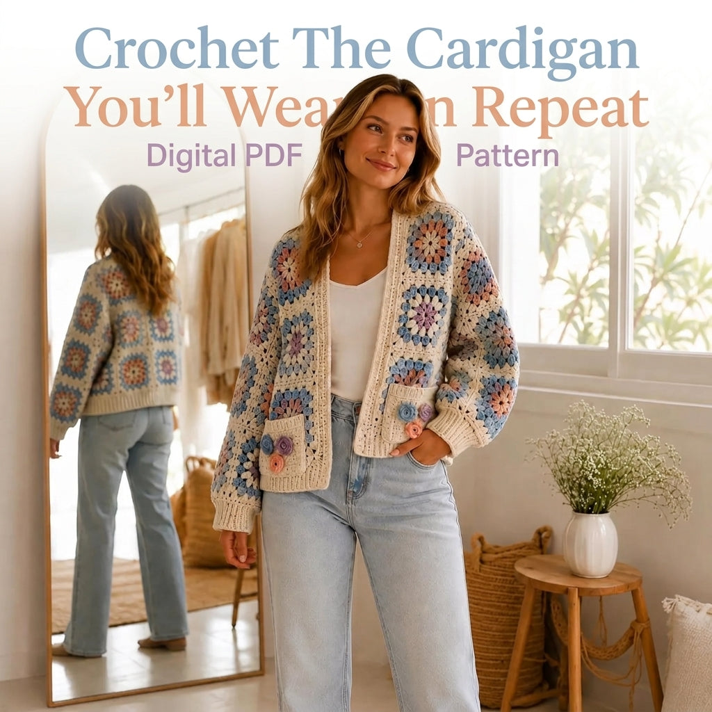 Granny Square Cardigan Crochet Pattern — Cream Boho Cardigan with Pockets and 3D Flowers, Sizes XS–3XL, US Terms, PDF Download
