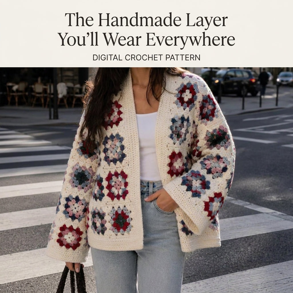 Granny Square Cardigan Crochet Pattern — Cream Oversized Cardigan with Bell Sleeves, Sizes XS–3XL, US Terms, PDF Download