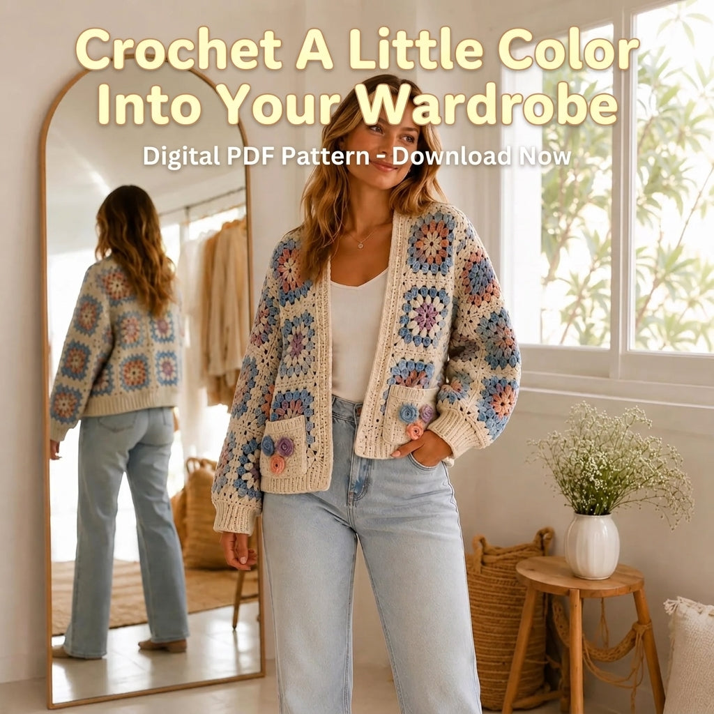 Granny Square Cardigan Crochet Pattern — Cream Boho Cardigan with Pockets and 3D Flowers, Sizes XS–3XL, US Terms, PDF Download