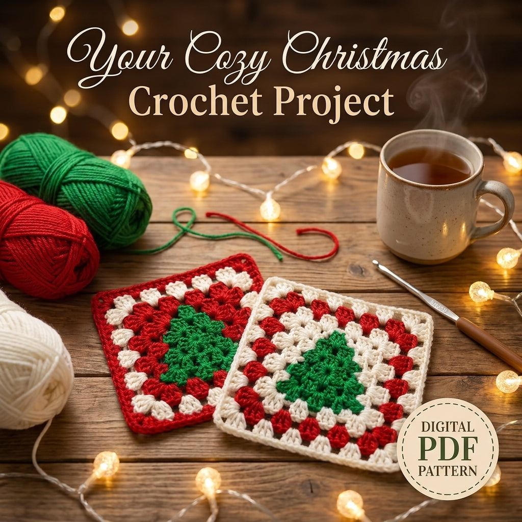 Christmas Tree Granny Square Crochet Pattern — 2 Festive Motifs in Red and Cream, Beginner Friendly, US Terms, PDF Download