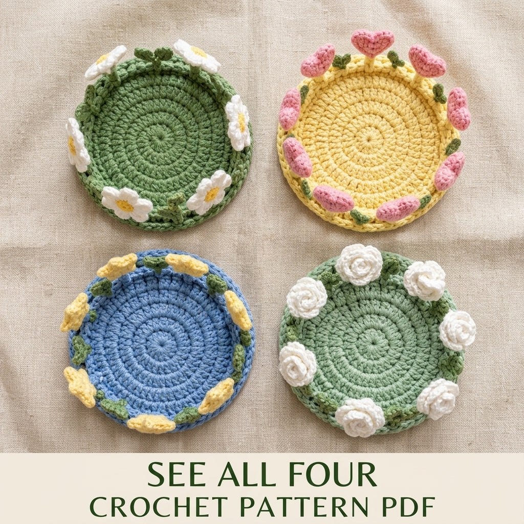 Garden Glass Coasters Crochet Pattern PDF – Flower Coaster Set