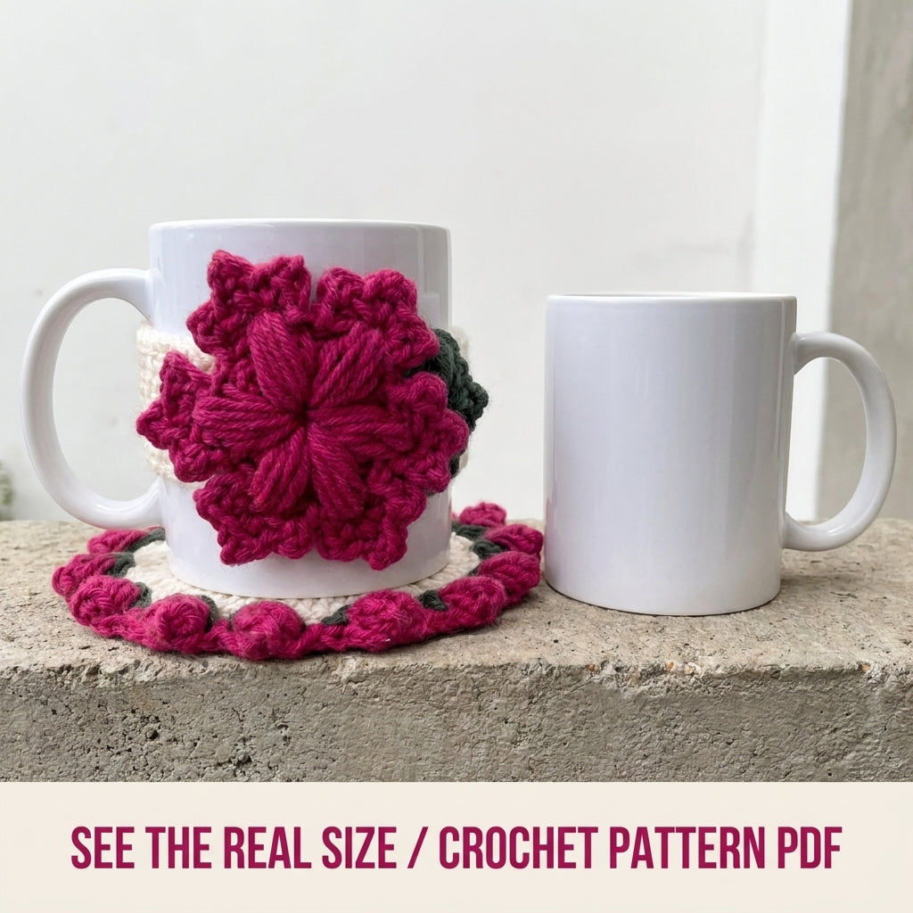 Pink Flower Mug Cozy and Coaster Set Crochet Pattern PDF – Mug Rug Set