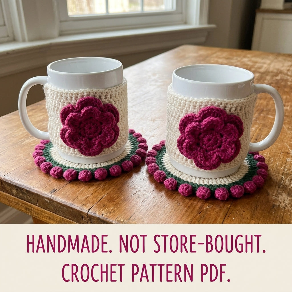 Pink Flower Mug Cozy and Coaster Set Crochet Pattern PDF – Mug Rug Set
