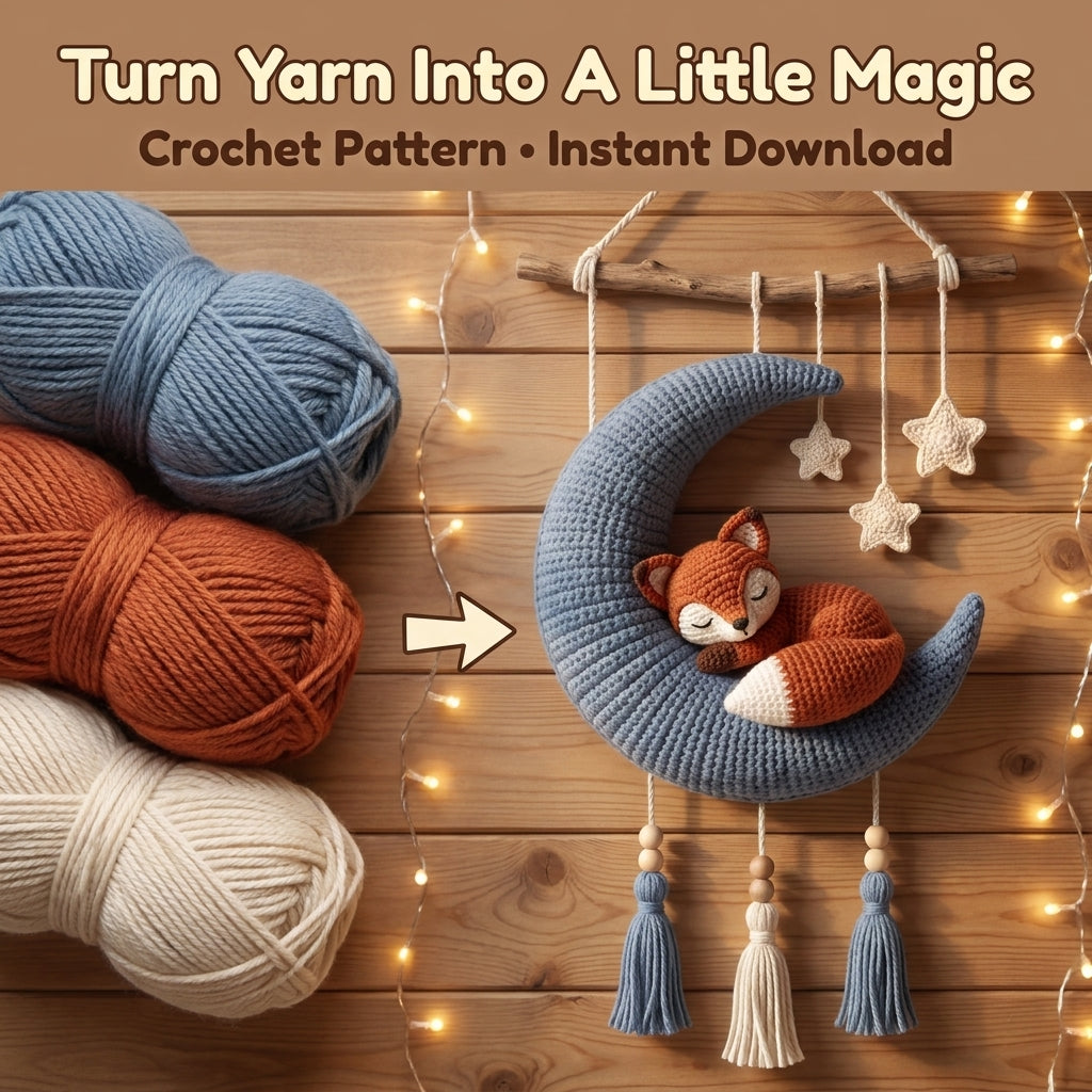 Crochet Moon Wall Hanging Pattern – Sleeping Fox on a Crescent Moon, Nursery Décor