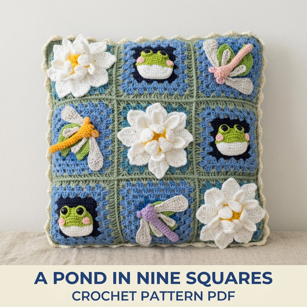 Lily Pond Granny Square Cushion Crochet Pattern PDF – Frogs, Dragonflies and Water Lilies