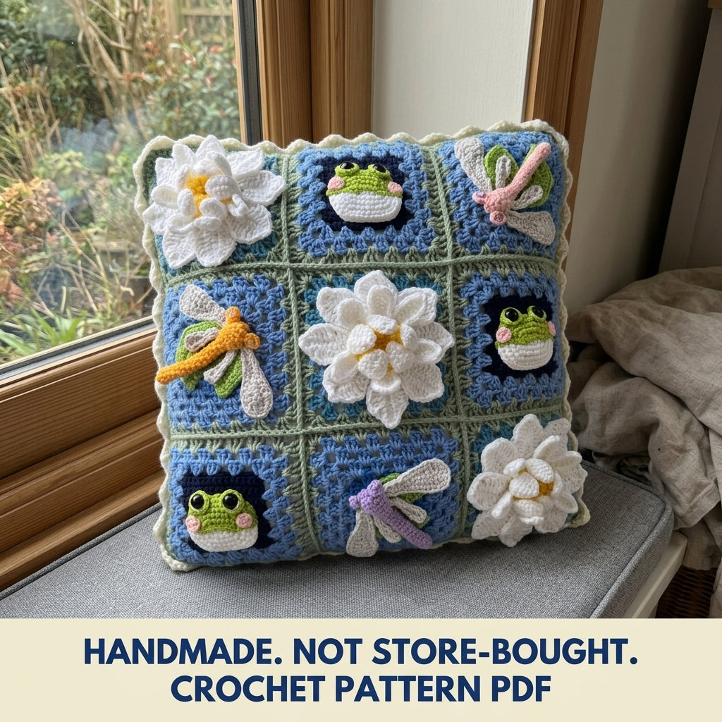 Lily Pond Granny Square Cushion Crochet Pattern PDF – Frogs, Dragonflies and Water Lilies