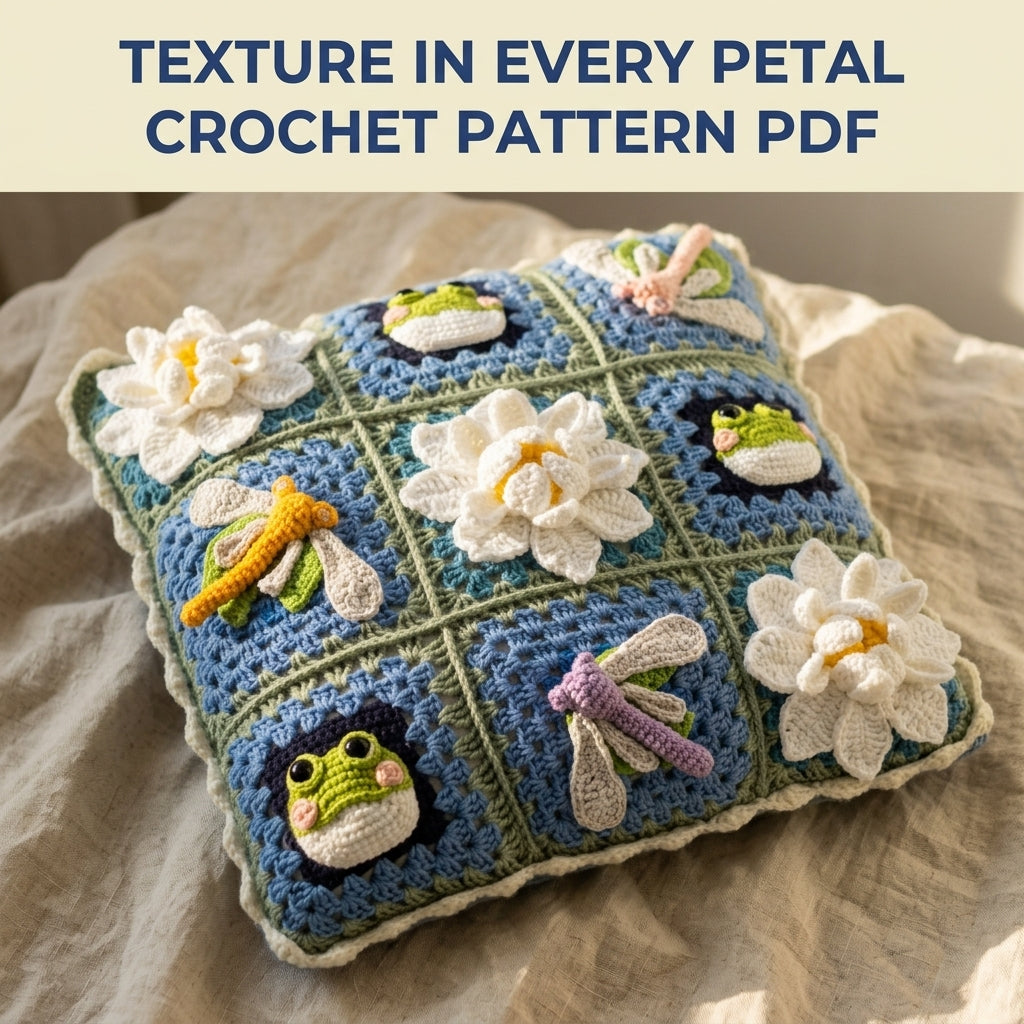 Lily Pond Granny Square Cushion Crochet Pattern PDF – Frogs, Dragonflies and Water Lilies