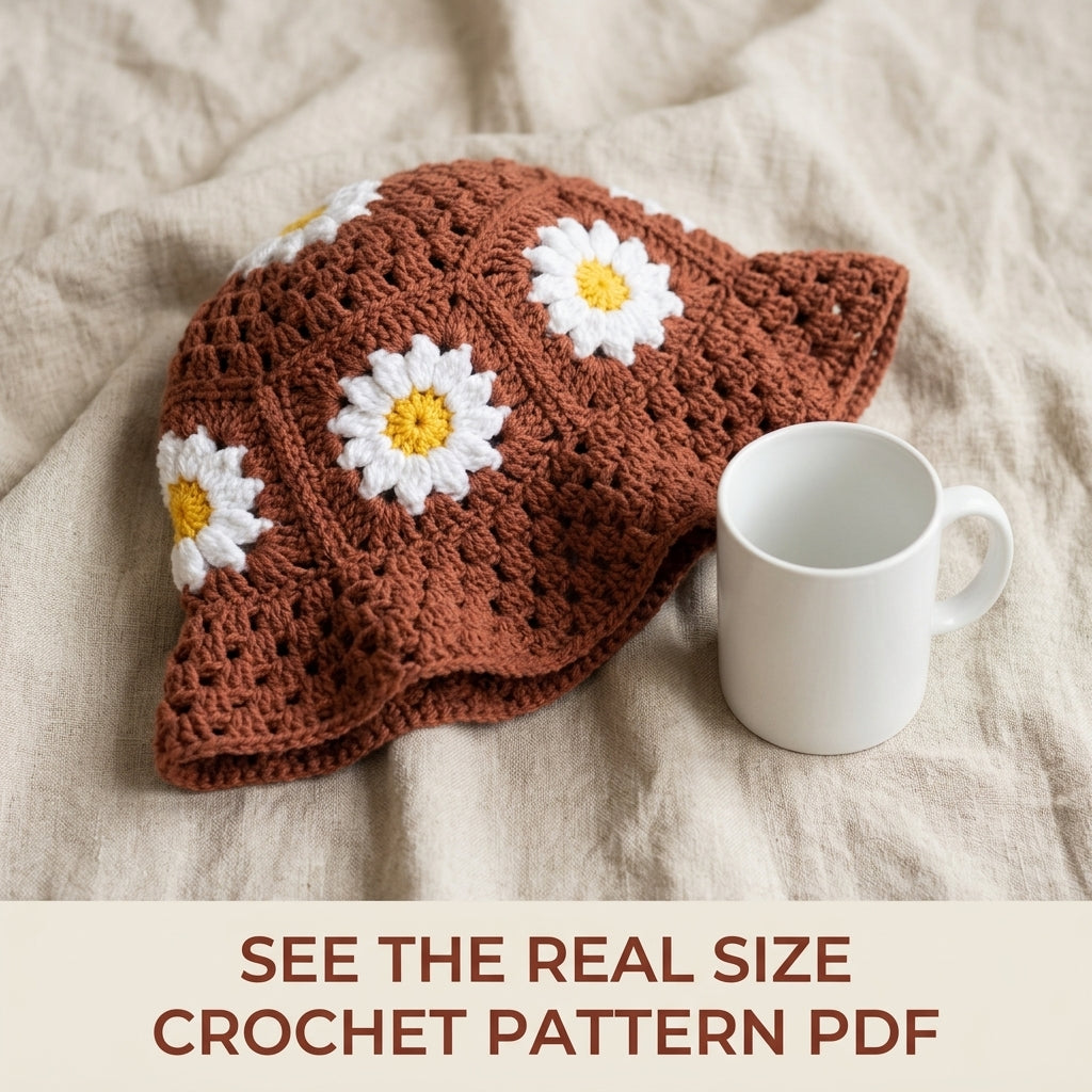 Daisy Granny Bucket Hat Crochet Pattern PDF – Granny Square Sun Hat with Flowers