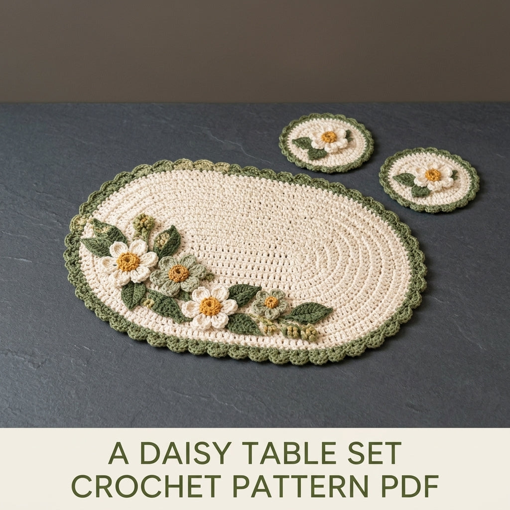 Daisy Placemat and Coaster Set Crochet Pattern PDF – Table Mat with 3D Flowers
